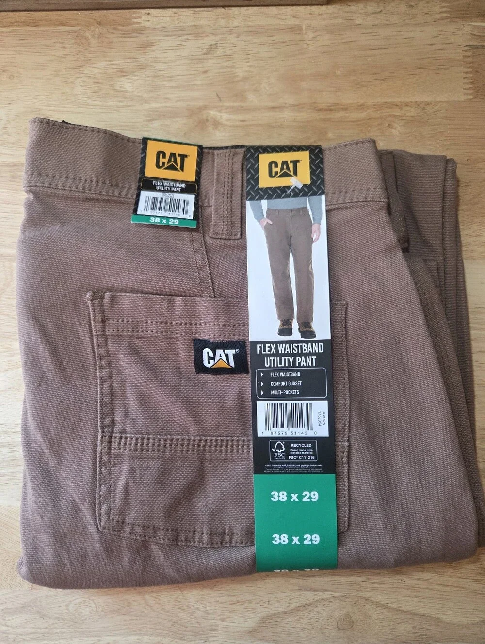 CAT Flex Waistband Utility Pants Mens 38x29 Brown Canvas Work Pants New With Tag